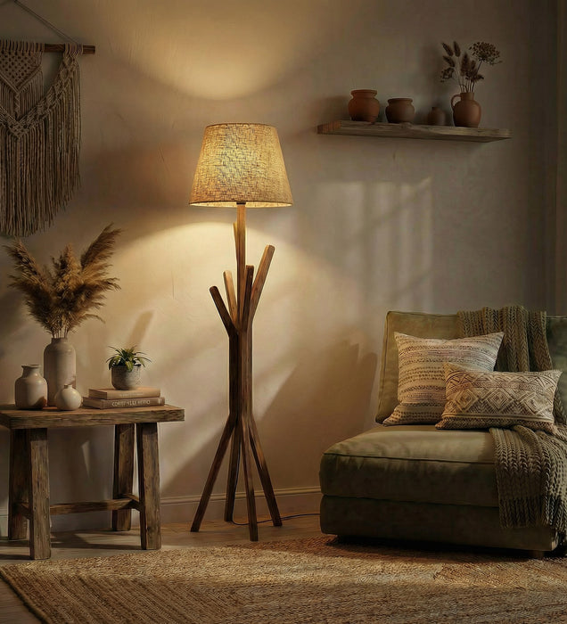 Vrikshya Wooden Floor Lamp with Brown Base and Beige Fabric Lampshade