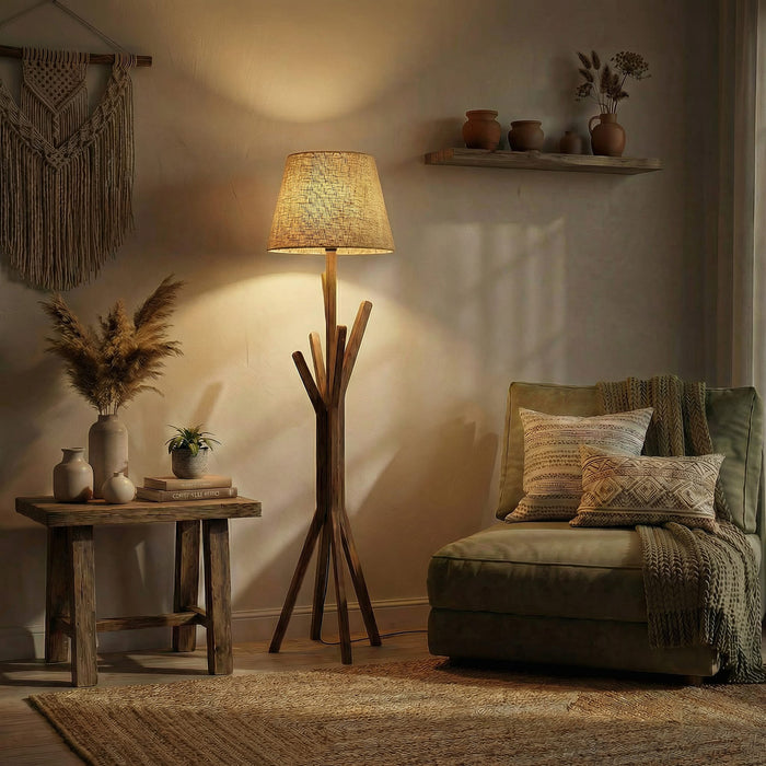 Vrikshya Wooden Floor Lamp with Brown Base and Beige Fabric Lampshade