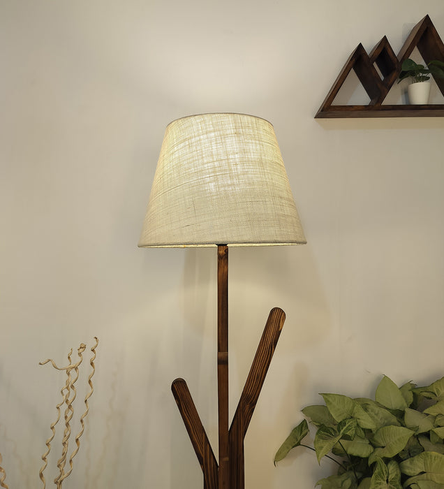 Vrikshya Wooden Floor Lamp with Brown Base and Beige Fabric Lampshade