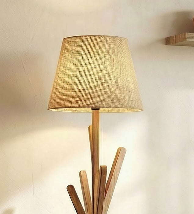Vrikshya Wooden Floor Lamp with Brown Base and Beige Fabric Lampshade