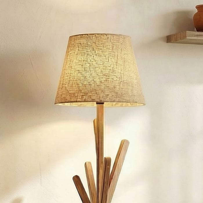 Vrikshya Wooden Floor Lamp with Brown Base and Beige Fabric Lampshade