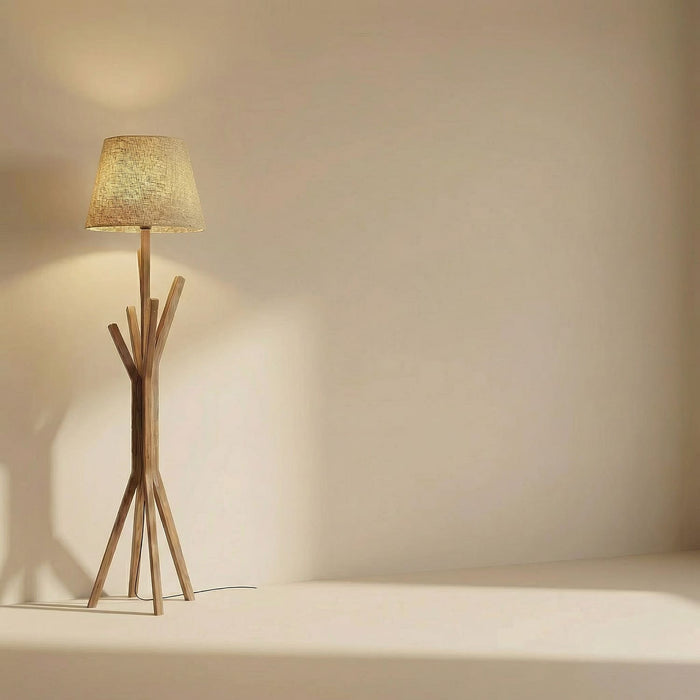 Vrikshya Wooden Floor Lamp with Brown Base and Beige Fabric Lampshade