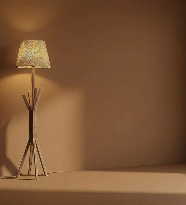 Vrikshya Wooden Floor Lamp with Brown Base and Beige Fabric Lampshade