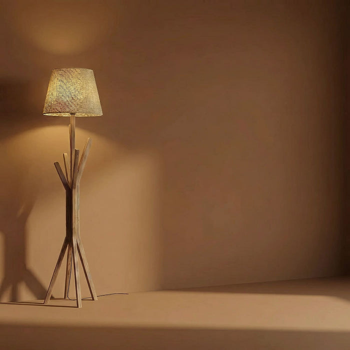 Vrikshya Wooden Floor Lamp with Brown Base and Beige Fabric Lampshade