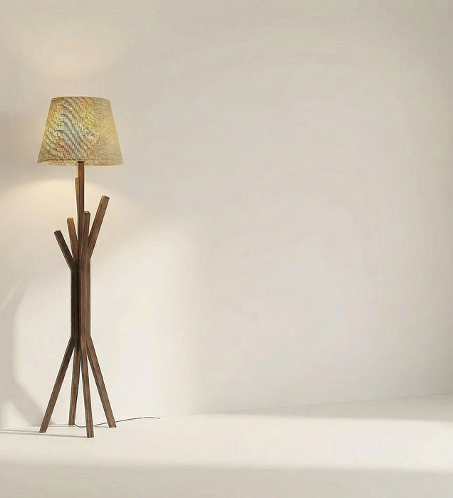 Vrikshya Wooden Floor Lamp with Brown Base and Beige Fabric Lampshade