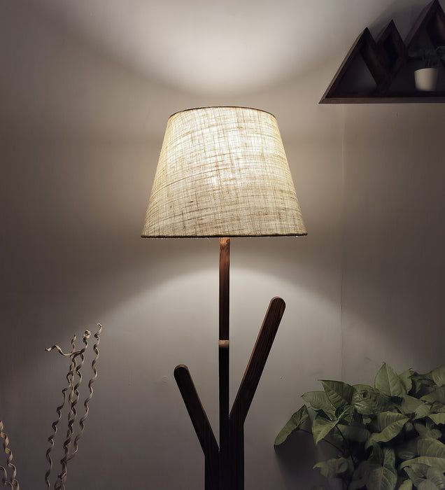 Vrikshya Wooden Floor Lamp with Brown Base and Beige Fabric Lampshade