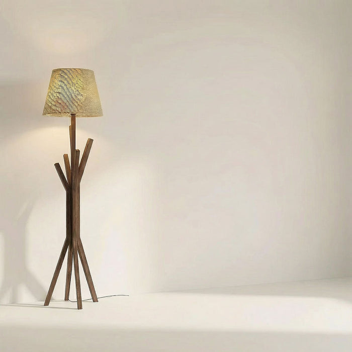 Vrikshya Wooden Floor Lamp with Brown Base and Beige Fabric Lampshade