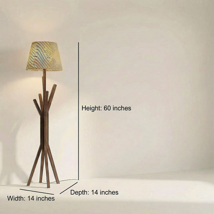Vrikshya Wooden Floor Lamp with Brown Base and Beige Fabric Lampshade