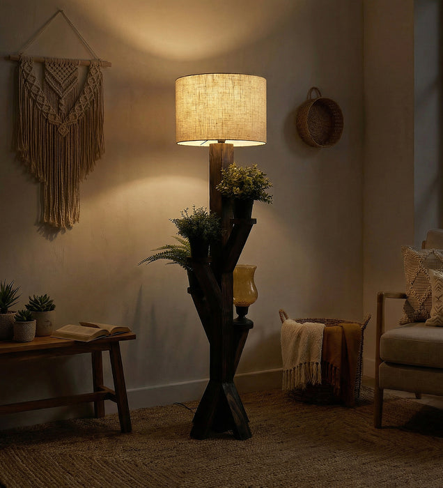 Woods Wooden Floor Lamp with Brown Base and Jute Fabric Lampshade