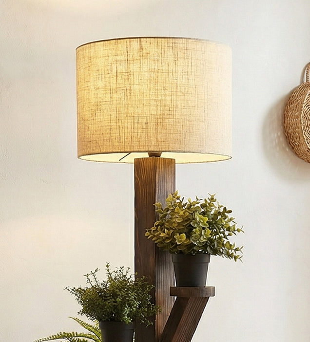 Woods Wooden Floor Lamp with Brown Base and Jute Fabric Lampshade