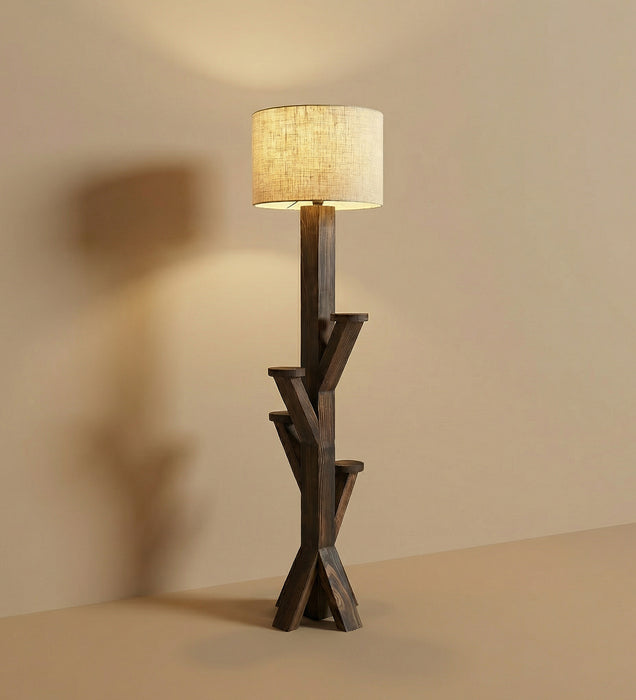 Woods Wooden Floor Lamp with Brown Base and Jute Fabric Lampshade