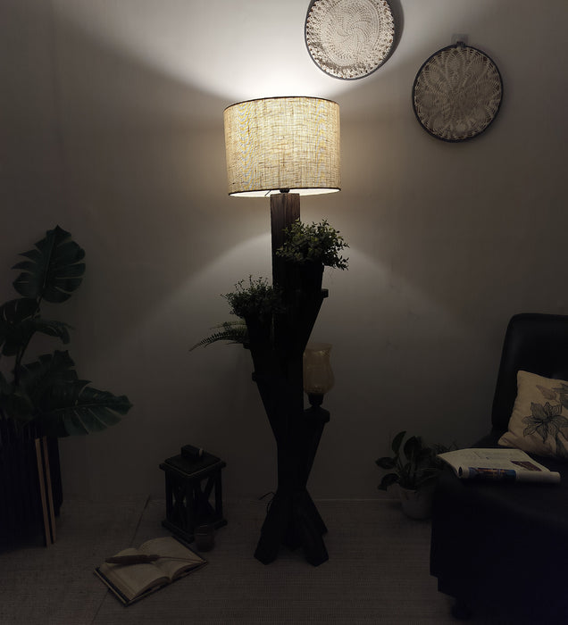 Woods Wooden Floor Lamp with Brown Base and Jute Fabric Lampshade