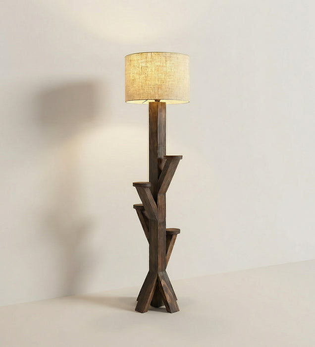 Woods Wooden Floor Lamp with Brown Base and Jute Fabric Lampshade