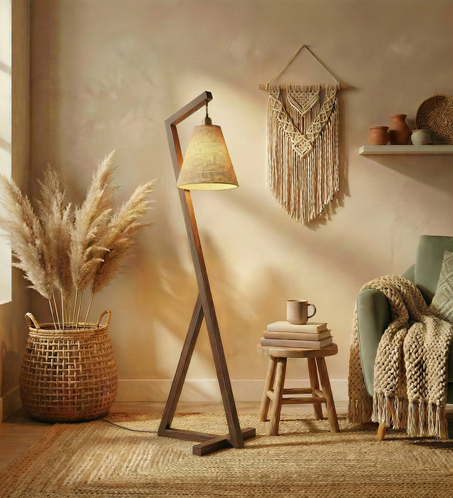 Zed Wooden Floor Lamp with Brown Base and Beige Fabric Lampshade