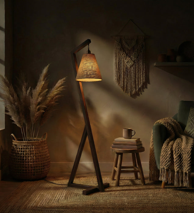 Zed Wooden Floor Lamp with Brown Base and Beige Fabric Lampshade