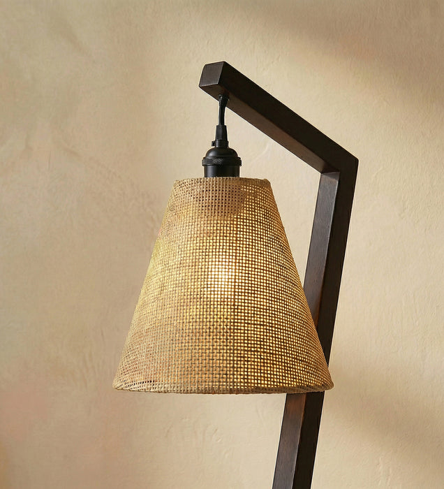 Zed Wooden Floor Lamp with Brown Base and Beige Fabric Lampshade