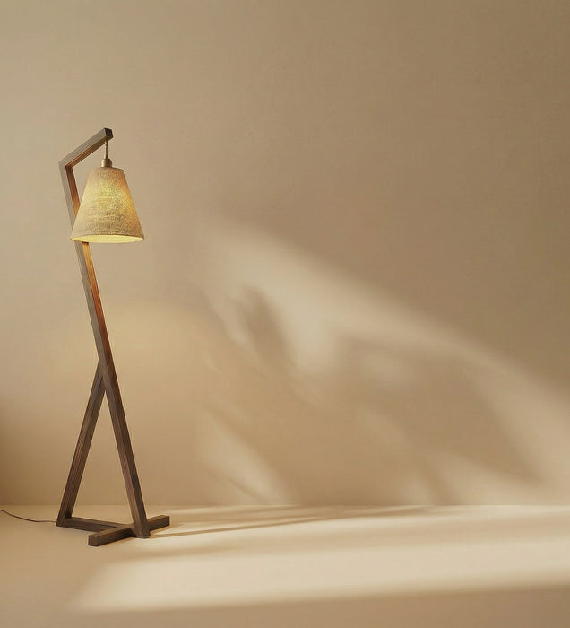 Zed Wooden Floor Lamp with Brown Base and Beige Fabric Lampshade