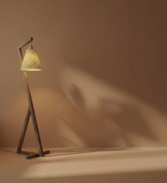 Zed Wooden Floor Lamp with Brown Base and Beige Fabric Lampshade