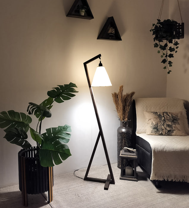 Zed Wooden Floor Lamp with Brown Base and Beige Fabric Lampshade