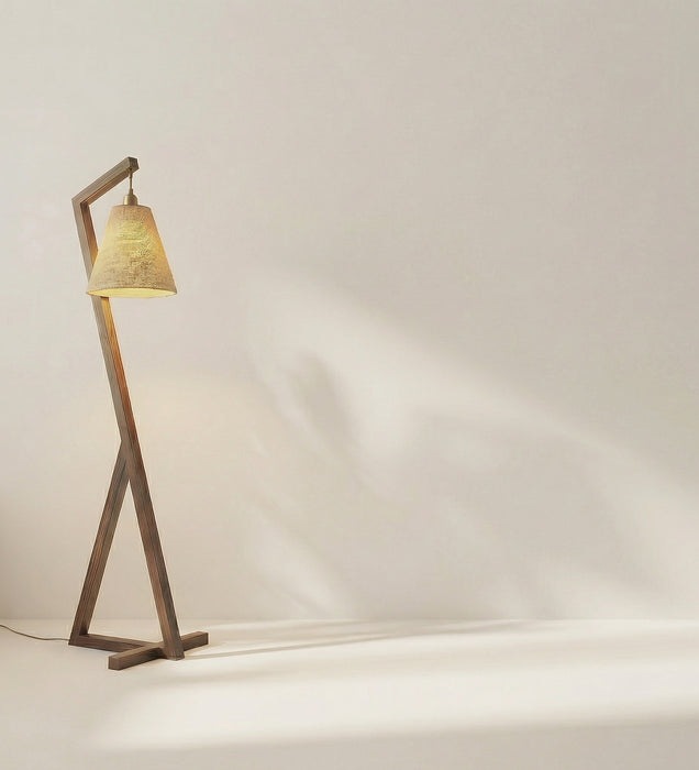 Zed Wooden Floor Lamp with Brown Base and Beige Fabric Lampshade