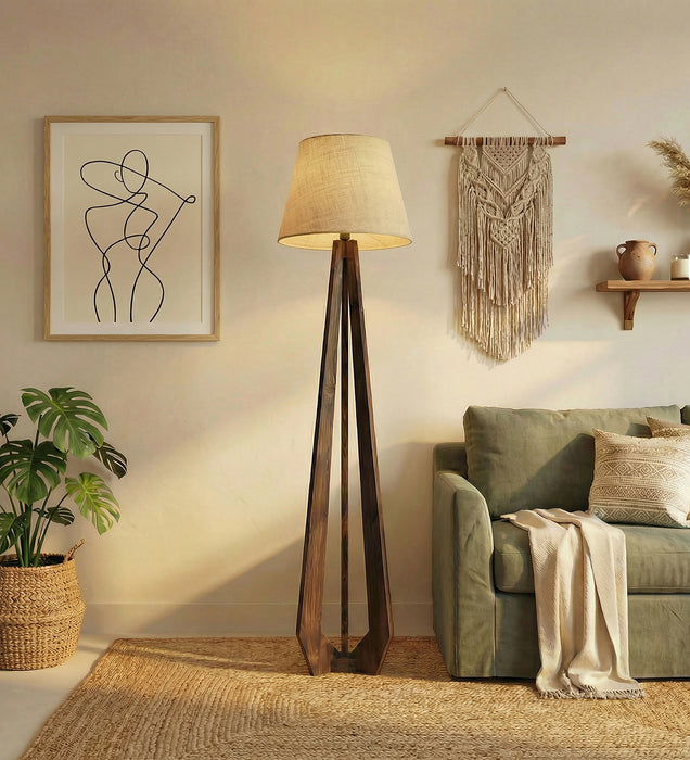 Zoe Wooden Floor Lamp with Brown Base and Jute Fabric Lampshade