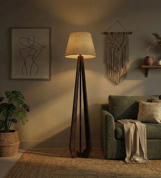 Zoe Wooden Floor Lamp with Brown Base and Jute Fabric Lampshade