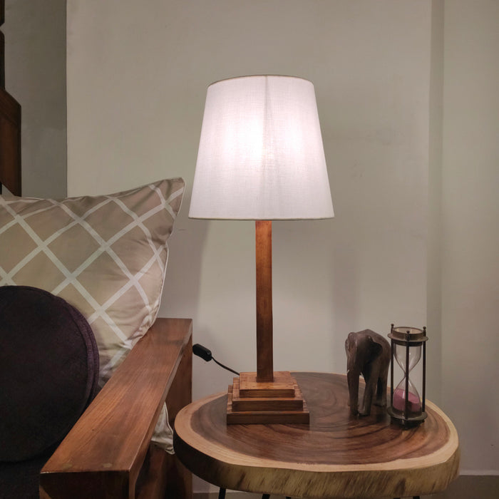 Babel Wooden Table Lamp with Brown Base and White Fabric Lampshade