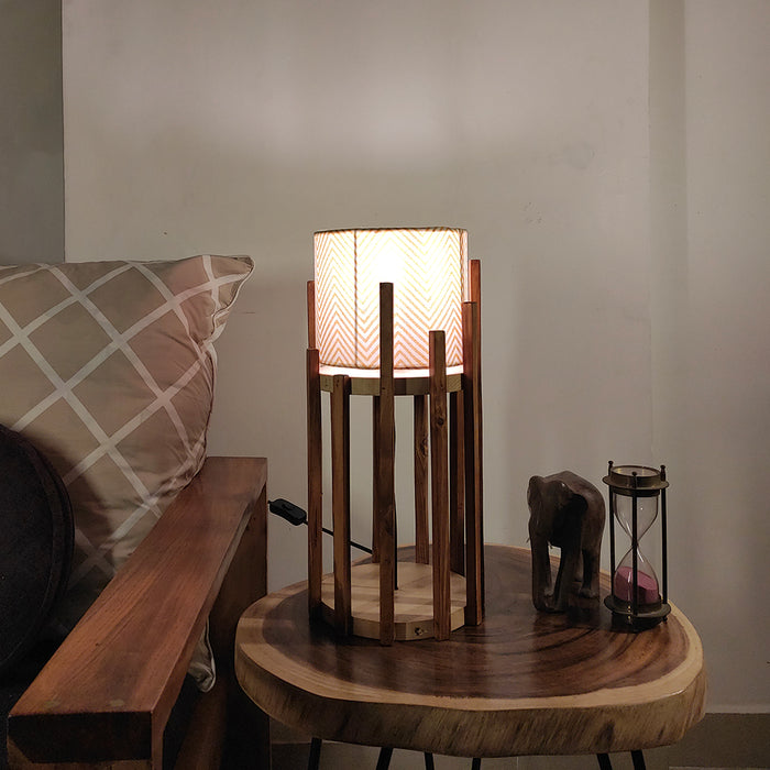 Bastian Wooden Table Lamp with Brown Base and White Fabric Lampshade