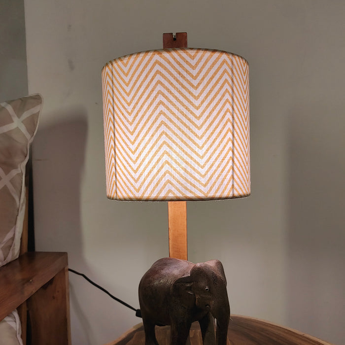 Elementary Wooden Table Lamp with Brown Base and Yellow Fabric Lampshade
