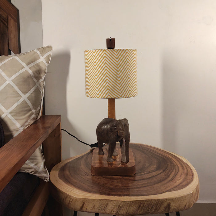 Elementary Wooden Table Lamp with Brown Base and Yellow Fabric Lampshade
