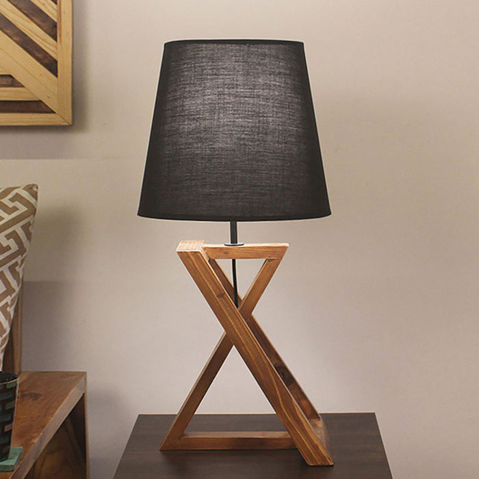 Catapult Brown Wooden Table Lamp with Black Fabric Lampshade