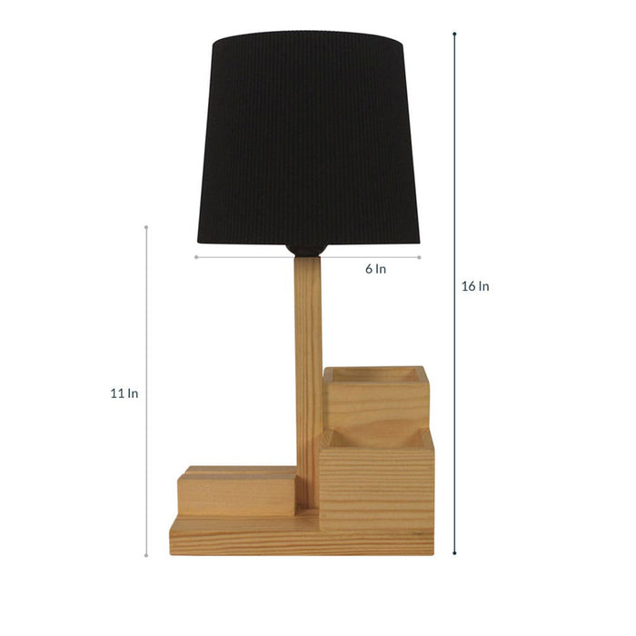 Classic Wooden Table Lamp With Black Fabric Lampshade and Desk Organiser