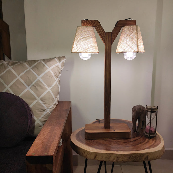 Elania Wooden Table Lamp with Brown Base and White Fabric Lampshade