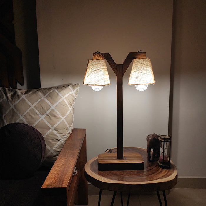 Elania Wooden Table Lamp with Brown Base and White Fabric Lampshade