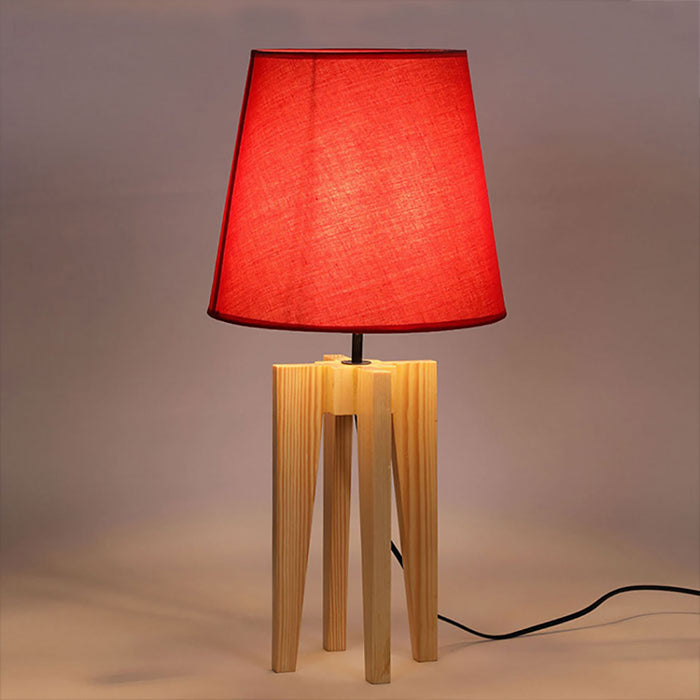 Jet Beige Wooden Table Lamp with Red Fabric Lampshade