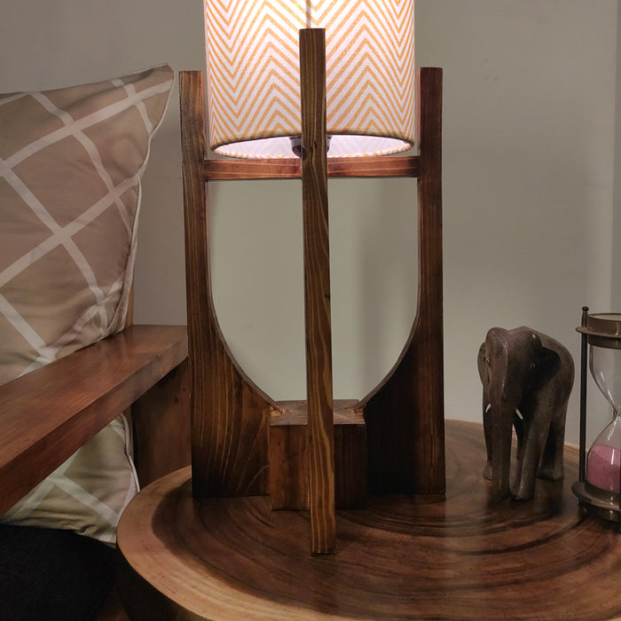 Solitaire Wooden Table Lamp with Brown Base and Yellow Fabric Lampshade