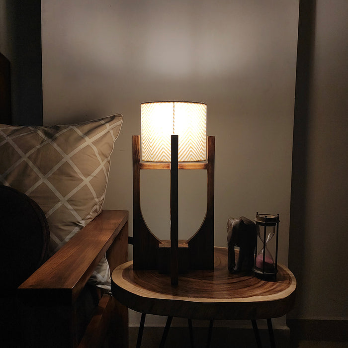 Solitaire Wooden Table Lamp with Brown Base and Yellow Fabric Lampshade