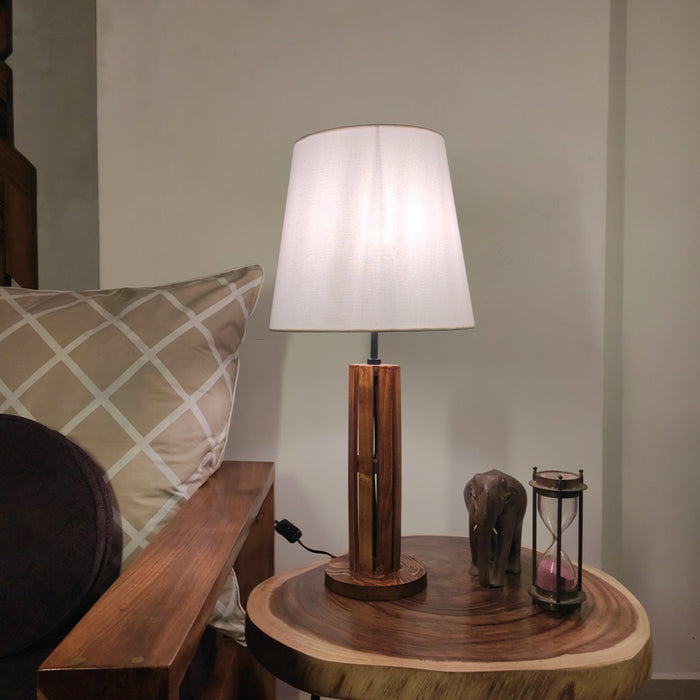 Tall Boy Wooden Table Lamp with Brown Base and White Fabric Lampshade