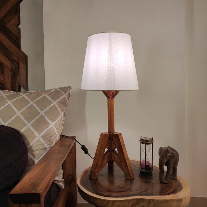 Troika Wooden Table Lamp with Brown Base and White Fabric Lampshade