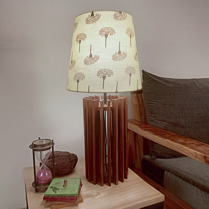 Ventus Brown Wooden Table Lamp with Yellow Printed Fabric Lampshade