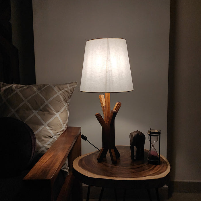 Vrikshya Wooden Table Lamp with Brown Base and White Fabric Lampshade