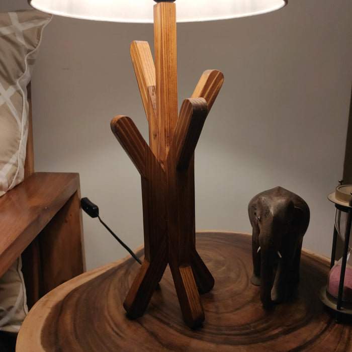 Vrikshya Wooden Table Lamp with Brown Base and White Fabric Lampshade